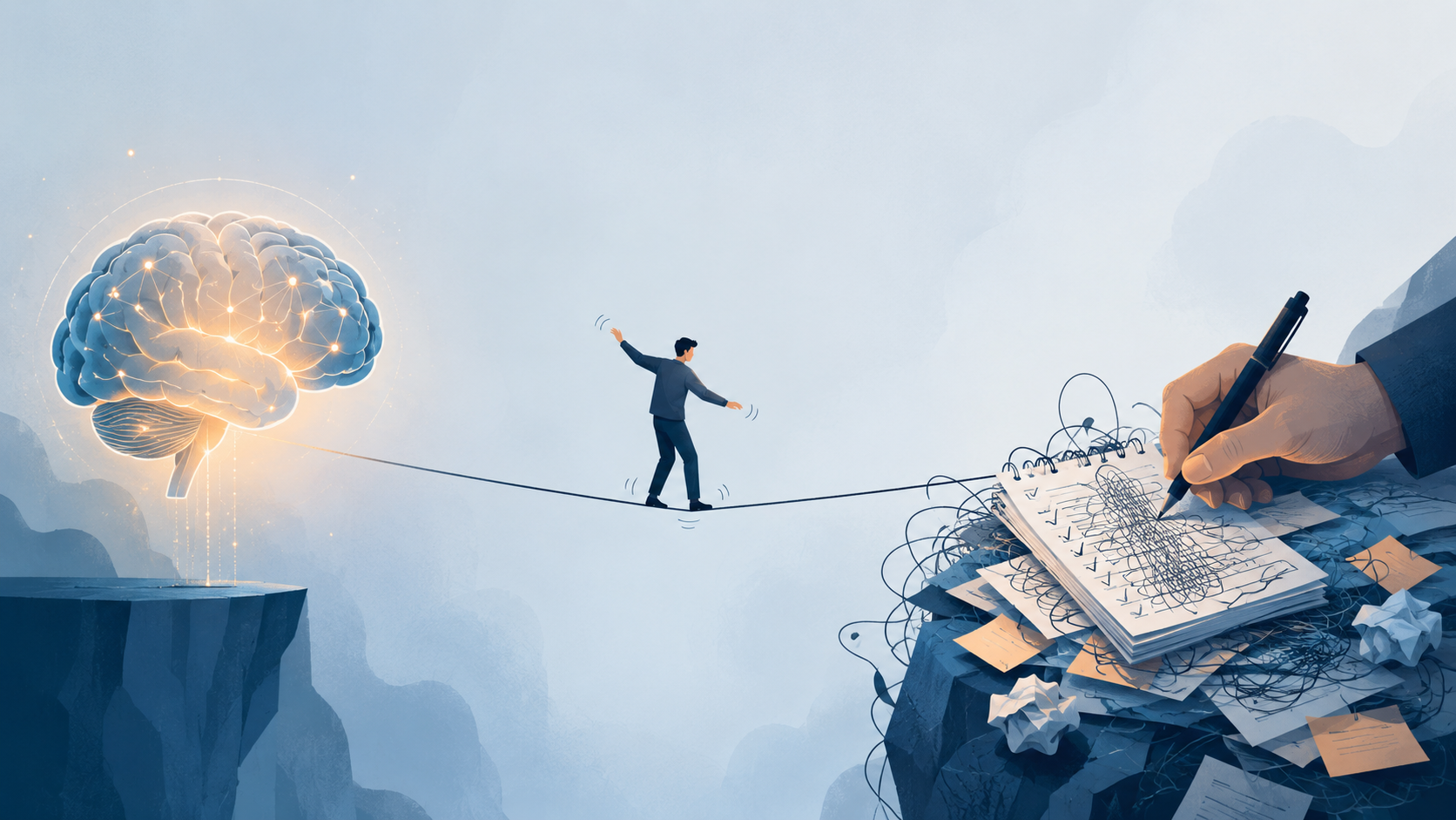 A glowing brain that knows the rule, linked by a thin tightrope to a hand scrawling a messy, overstuffed list - the gap between knowing a rule and actually applying it.